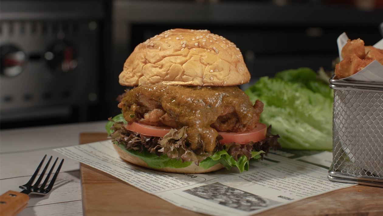 Breaded Chicken Chop Burger with Oriental Gravy – - Recipe