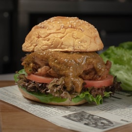 Breaded Chicken Chop Burger with Oriental Gravy Breaded Chicken Chop Burger with Oriental Gravy