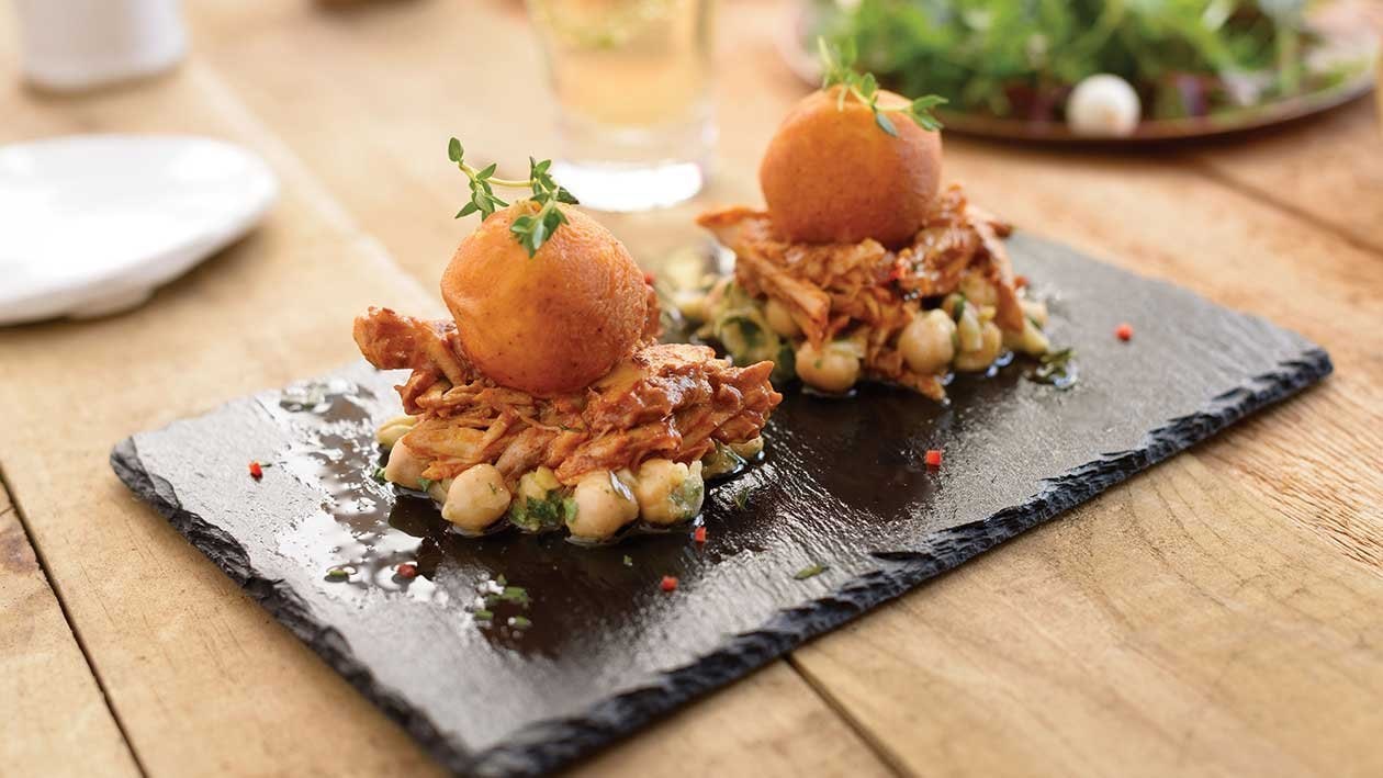 Pulled Chicken, Fried Mash Bombs with Chickpea Lemon Salsa