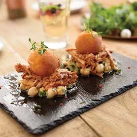 Pulled Chicken, Fried Mash Bombs with Chickpea Lemon Salsa Pulled Chicken, Fried Mash Bombs with Chickpea Lemon Salsa