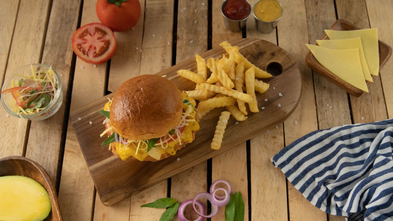 Salted Egg Crispy Chicken Mango Kerabu Burger – - Recipe