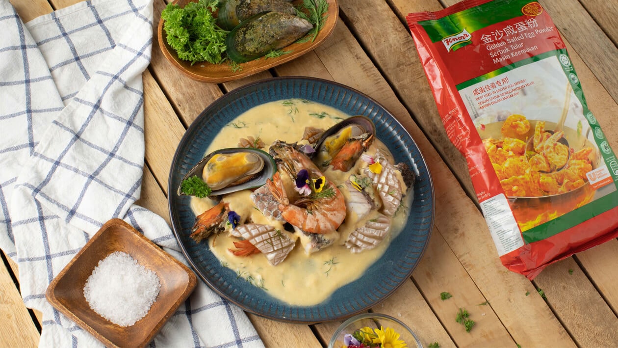 Pan-Fried Seafood with Dill Salted Egg Cream Sauce