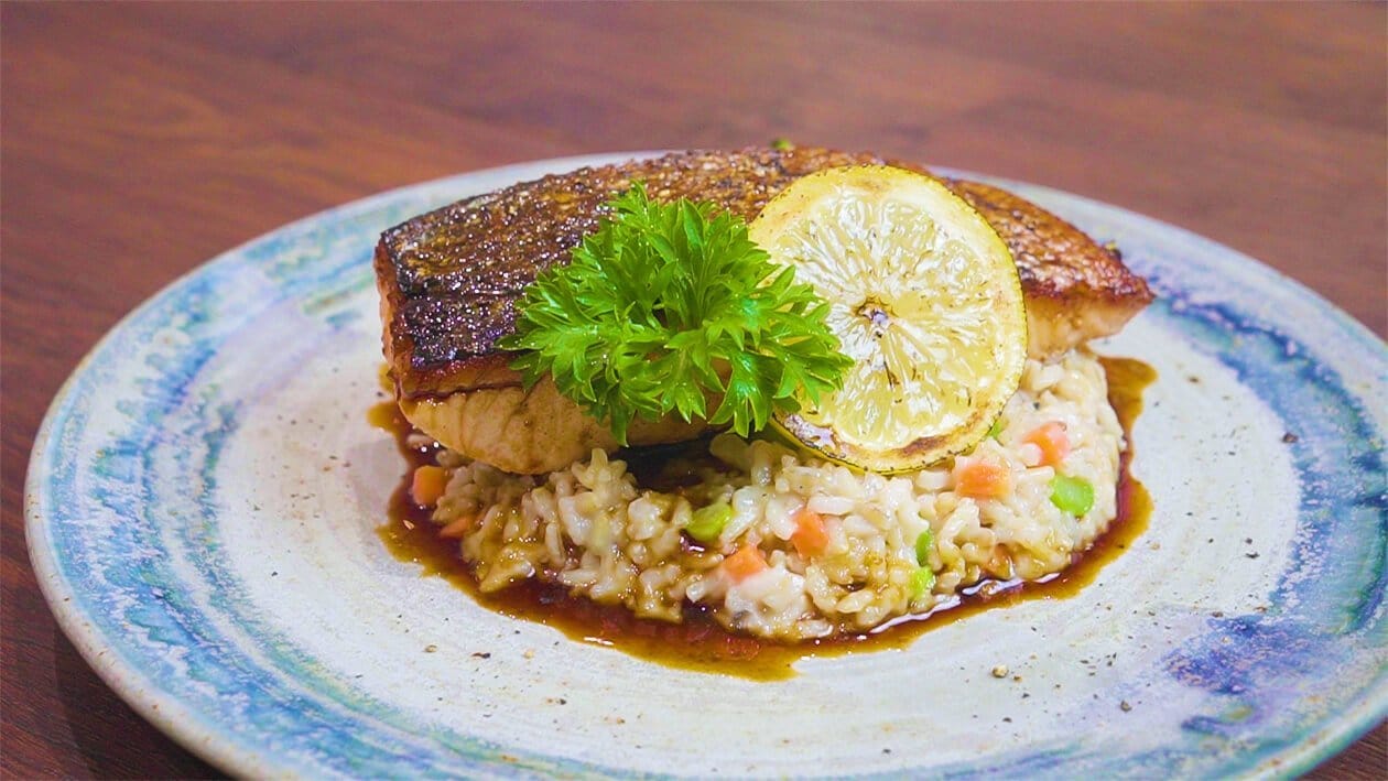 Yuzu Glazed Salmon with Brown Rice Risotto – - Recipe