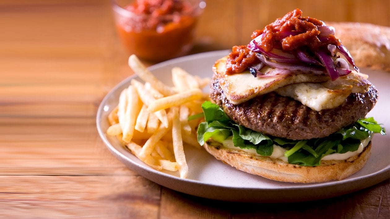 Char Grilled Lamb Burger, Grilled Haloumi, Tomato Sauce – - Recipe