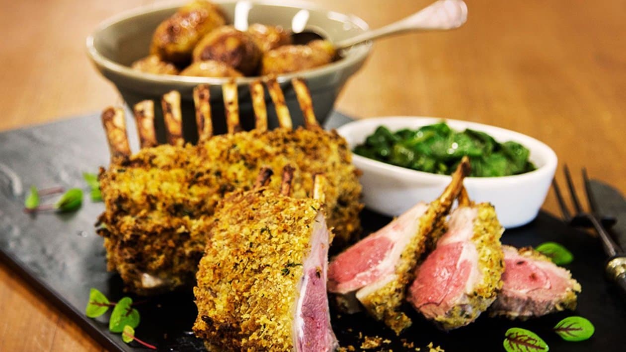Dijon Crusted Lamb Rack with Roasted Potatoes and Wilted Spinach