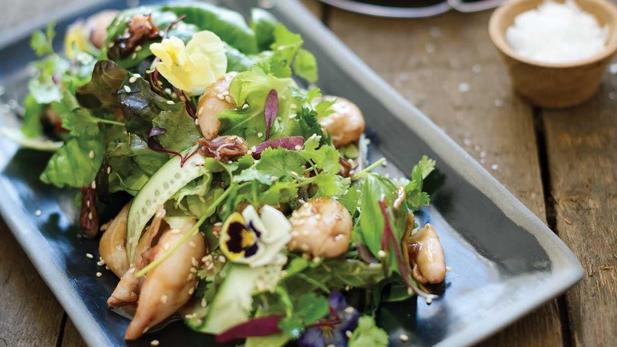 Spiced Up Squid, Ribbon Cucumber, Coriander, Basil & Rocket Salad – - Recipe