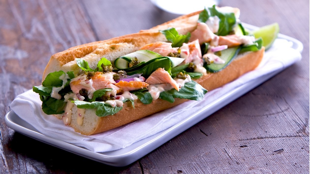 Baguette with Roasted Salmon and Lime Chilli Mayonnaise – - Recipe