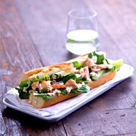Baguette with Roasted Salmon and Lime Chilli Mayonnaise Baguette with Roasted Salmon and Lime Chilli Mayonnaise