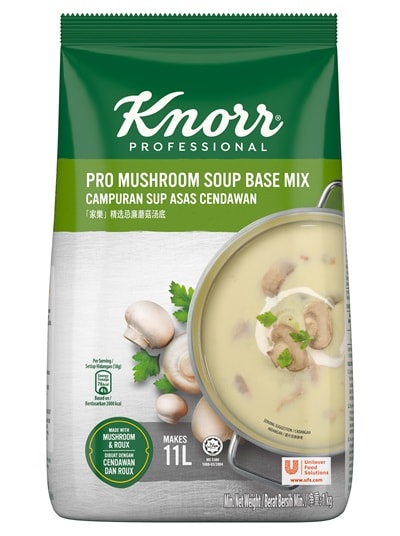 KNORR PROFESSIONAL PRO CREAM OF MUSHROOM SOUP - Menjadi kegemaran pengunjung, dengan Knorr Mushroom Soup Base Mix, ianya memberikan rasa sup cendawan yang lazat dan berkrim dengan penyediaan yang cepat.