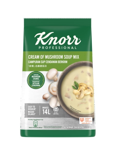 Knorr Sup Krim Cendawan 1kg - Sediakan sup cendawan untuk jamuan dengan lebih efektif dengan Sup Krim Cendawan Knorr yang stabil dalam Bain-Marie dan sentiasa mengekalkan keaslian rasa cendawan.