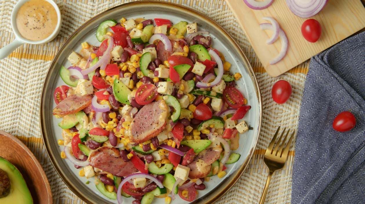 Charred Corn Salad with Smoked Duck and Tofu in Miso Ponzu Dressing – - Recipe