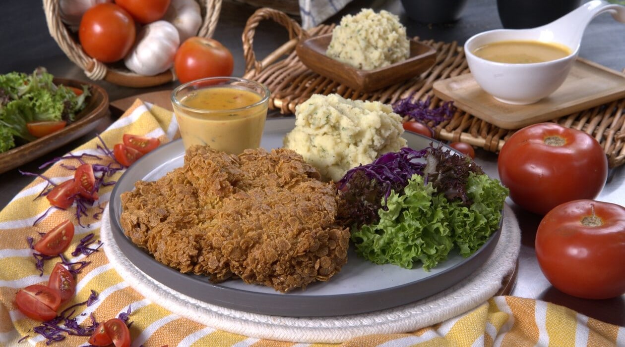 Cornflakes Crush Chicken Chop served with Curry Buttermilk Sauce and Mashed Potato – - Recipe