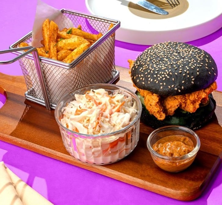 Charcoal Burger with Mala Szechuan Fried Chicken Charcoal Burger with Mala Szechuan Fried Chicken