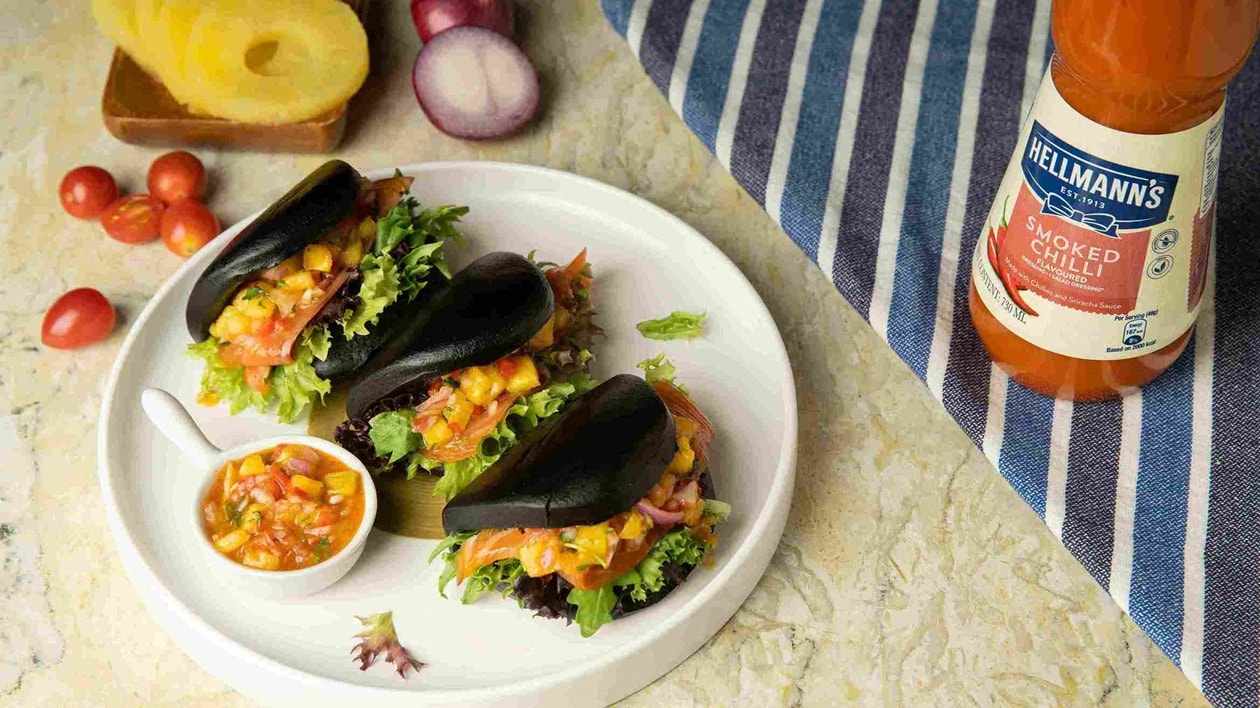 Smoked Salmon & Pineapple Salsa with Smoked Chilli Dressing on Charcoal Buns – - Recipe