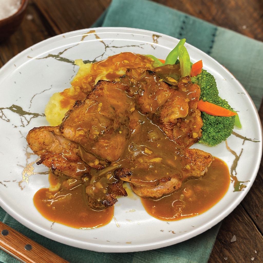 Curried Demi Glace served on Chicken Chop
