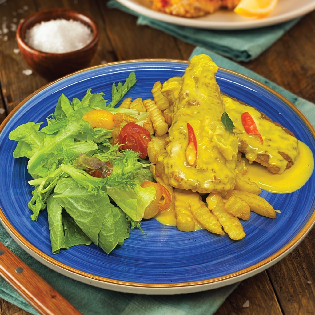 Durian Salted Egg Sauce served with Fish & Chips Durian Salted Egg Sauce served with Fish & Chips