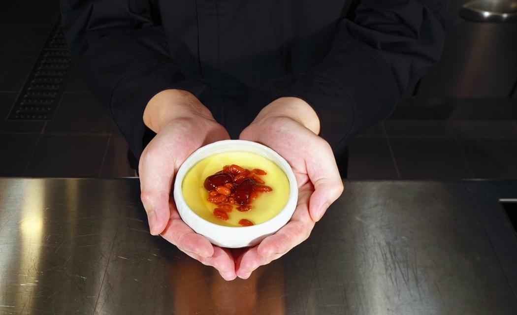 Soy Mousseline with Goji Berry Syrup