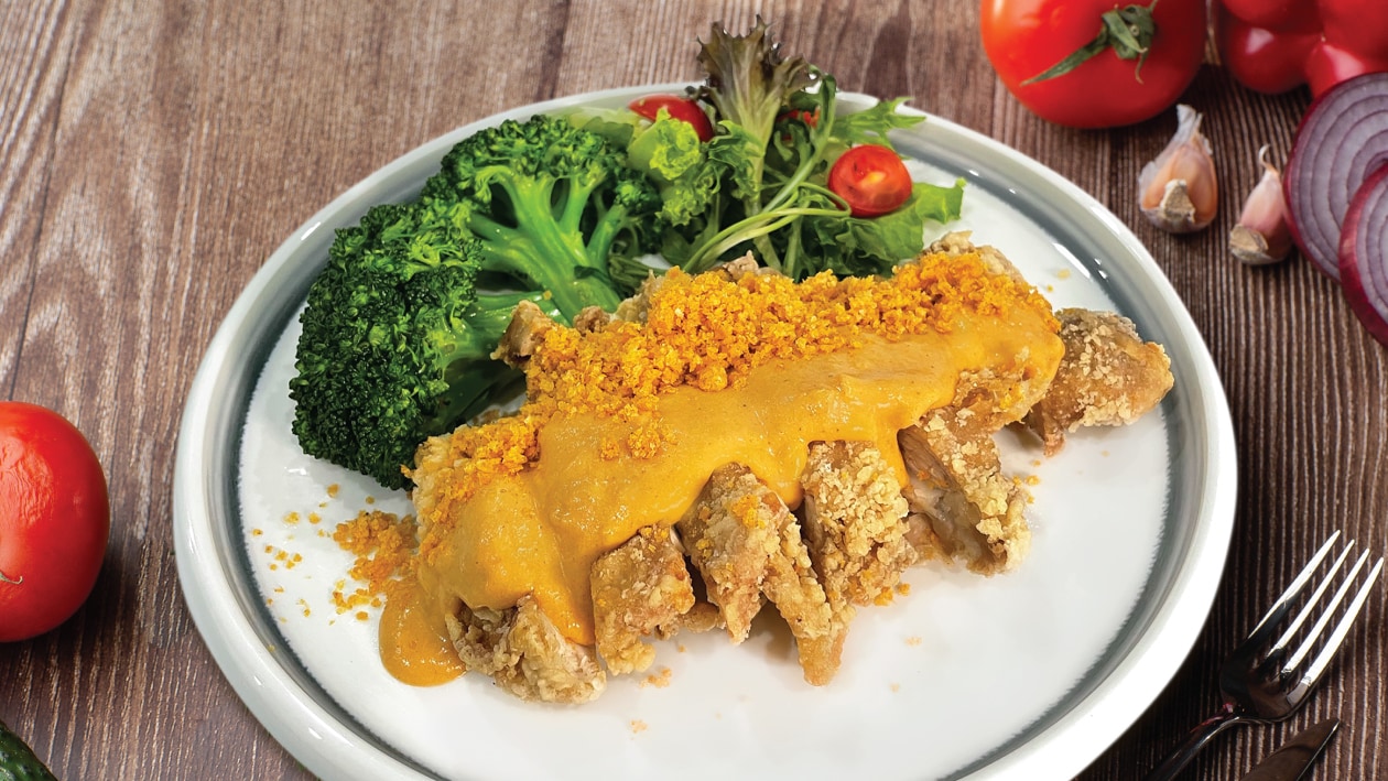 Salsa Salted Egg Sauce served on Crispy Chicken Chop – - Recipe