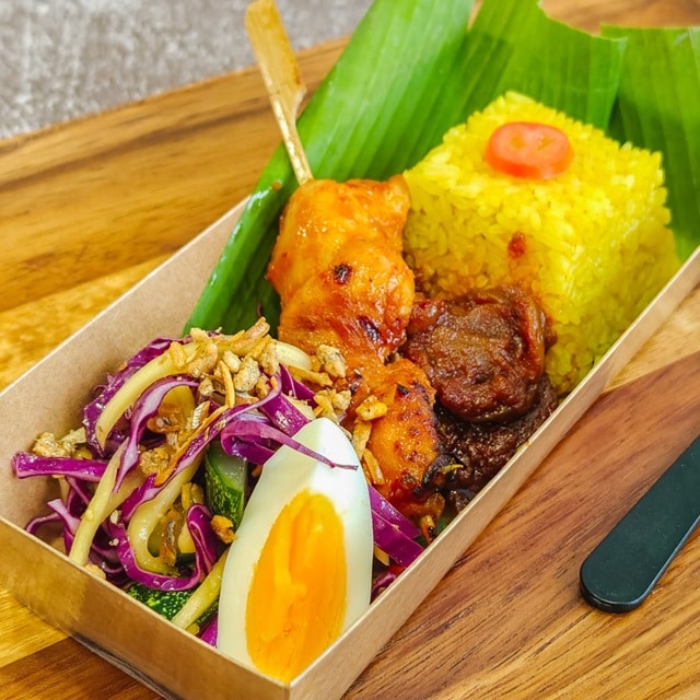 Turmeric Nasi Lemak with Ayam Masak Merah Skewer